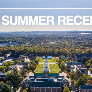Aerial view of Colby College campus with green trees and buildings featuring text Colby Summer Receptions at the top
