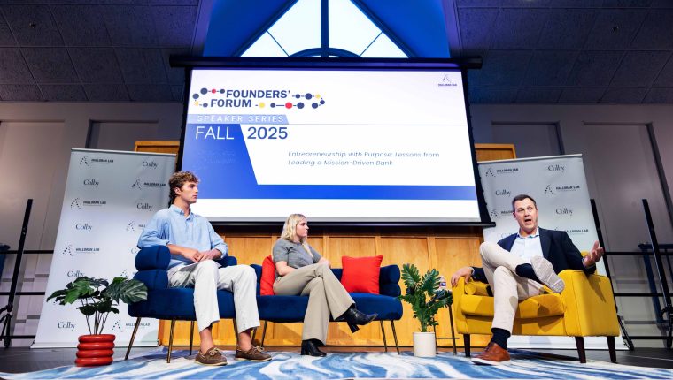 Three speakers participate in a conversation as part of the Halloran Lab for Entrepreneurship's Fall 2025 Founders' Forum series.
