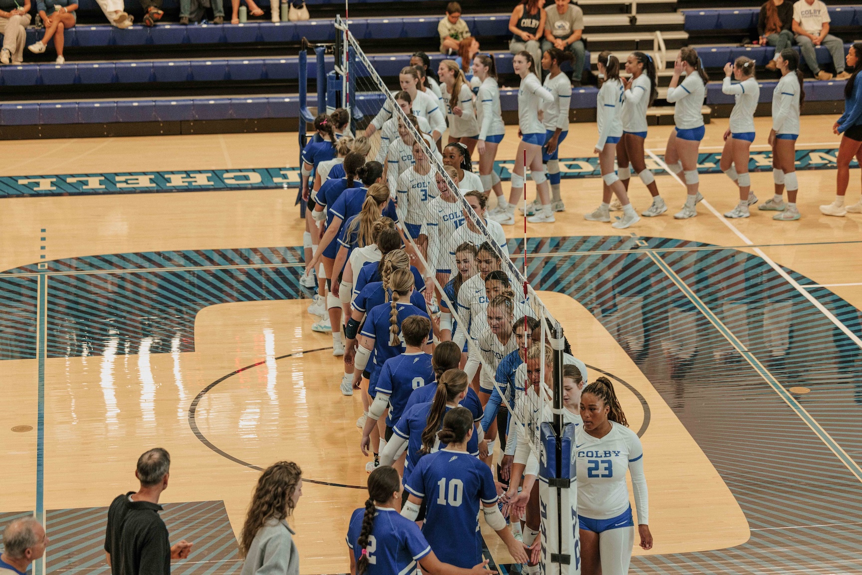 Colby's volleyball team beat the University of New England 3–0 during Homecoming Weekend 2026.